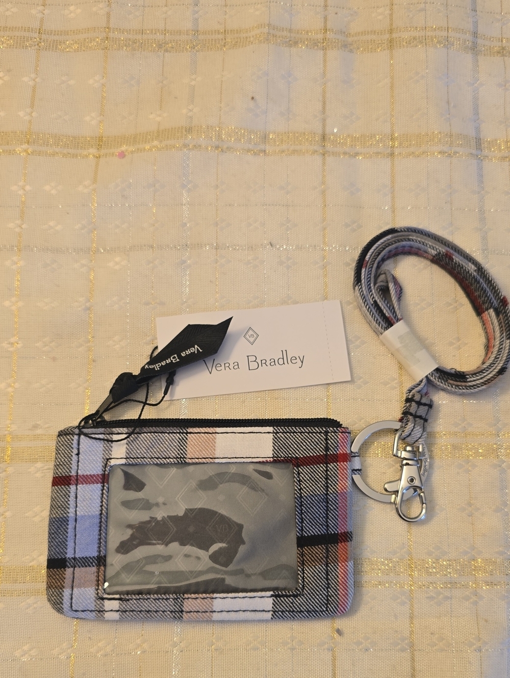 Vera Bradley Perfectly Plaid Lanyard Zip ID Card Holder New